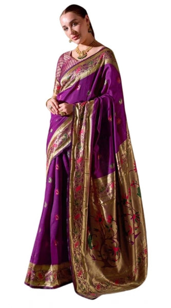 Mayawye Women's Silk Blend Zari Woven Saree With Unstitched Blouse 5.5Mtr (Purple)