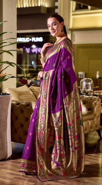 Mayawye Women's Silk Blend Zari Woven Saree With Unstitched Blouse 5.5Mtr (Purple)