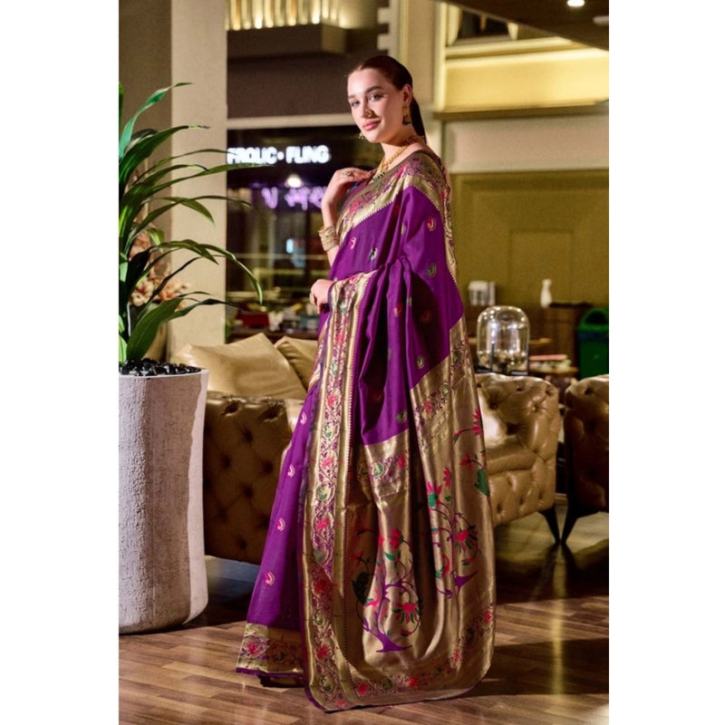 Mayawye Women's Silk Blend Zari Woven Saree With Unstitched Blouse 5.5Mtr (Purple)