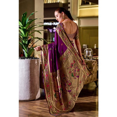 Mayawye Women's Silk Blend Zari Woven Saree With Unstitched Blouse 5.5Mtr (Purple)