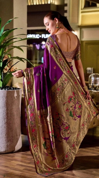 Mayawye Women's Silk Blend Zari Woven Saree With Unstitched Blouse 5.5Mtr (Purple)