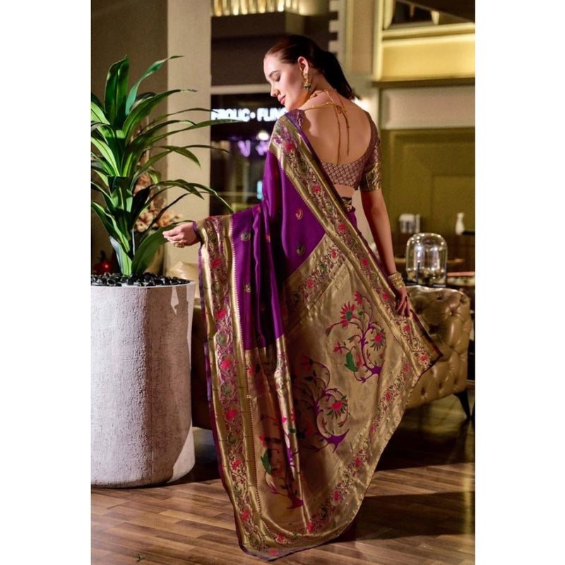 Mayawye Women's Silk Blend Zari Woven Saree With Unstitched Blouse 5.5Mtr (Purple)