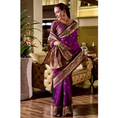 Mayawye Women's Silk Blend Zari Woven Saree With Unstitched Blouse 5.5Mtr (Purple)