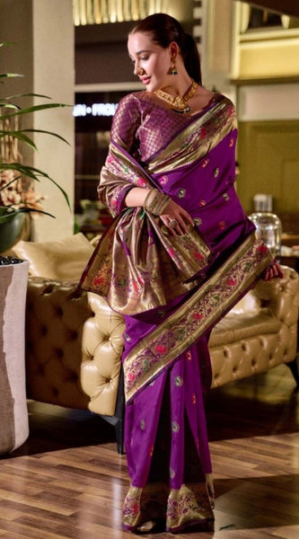 Mayawye Women's Silk Blend Zari Woven Saree With Unstitched Blouse 5.5Mtr (Purple)