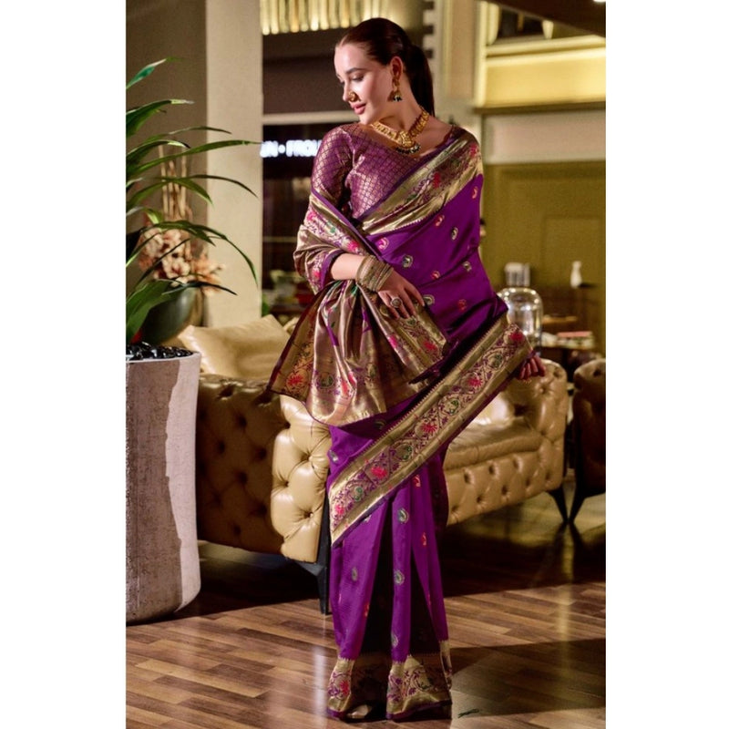 Mayawye Women's Silk Blend Zari Woven Saree With Unstitched Blouse 5.5Mtr (Purple)