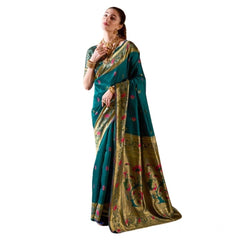 Mayawye Women's Silk Blend Zari Woven Saree With Unstitched Blouse 5.5Mtr (Teal)