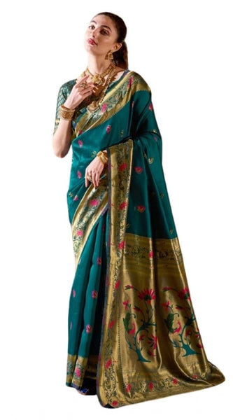 Mayawye Women's Silk Blend Zari Woven Saree With Unstitched Blouse 5.5Mtr (Teal)