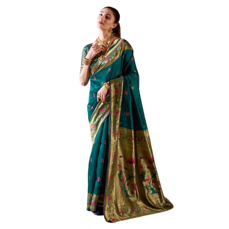 Mayawye Women's Silk Blend Zari Woven Saree With Unstitched Blouse 5.5Mtr (Teal)