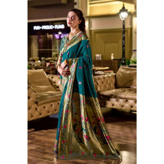 Mayawye Women's Silk Blend Zari Woven Saree With Unstitched Blouse 5.5Mtr (Teal)