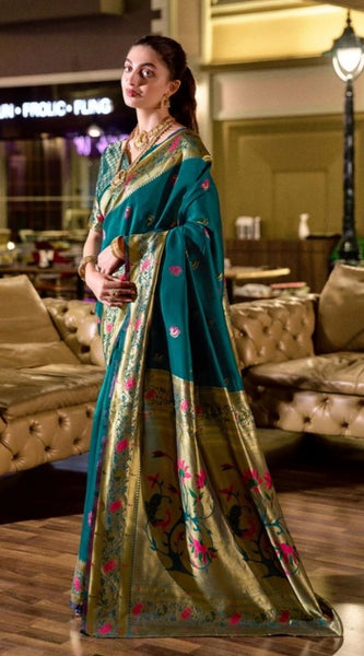 Mayawye Women's Silk Blend Zari Woven Saree With Unstitched Blouse 5.5Mtr (Teal)
