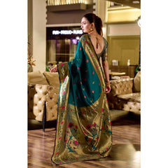 Mayawye Women's Silk Blend Zari Woven Saree With Unstitched Blouse 5.5Mtr (Teal)