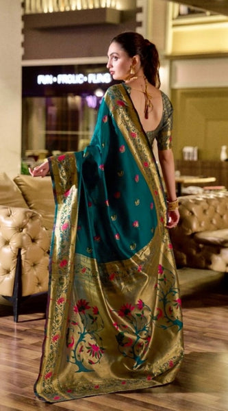 Mayawye Women's Silk Blend Zari Woven Saree With Unstitched Blouse 5.5Mtr (Teal)