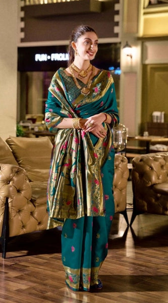 Mayawye Women's Silk Blend Zari Woven Saree With Unstitched Blouse 5.5Mtr (Teal)