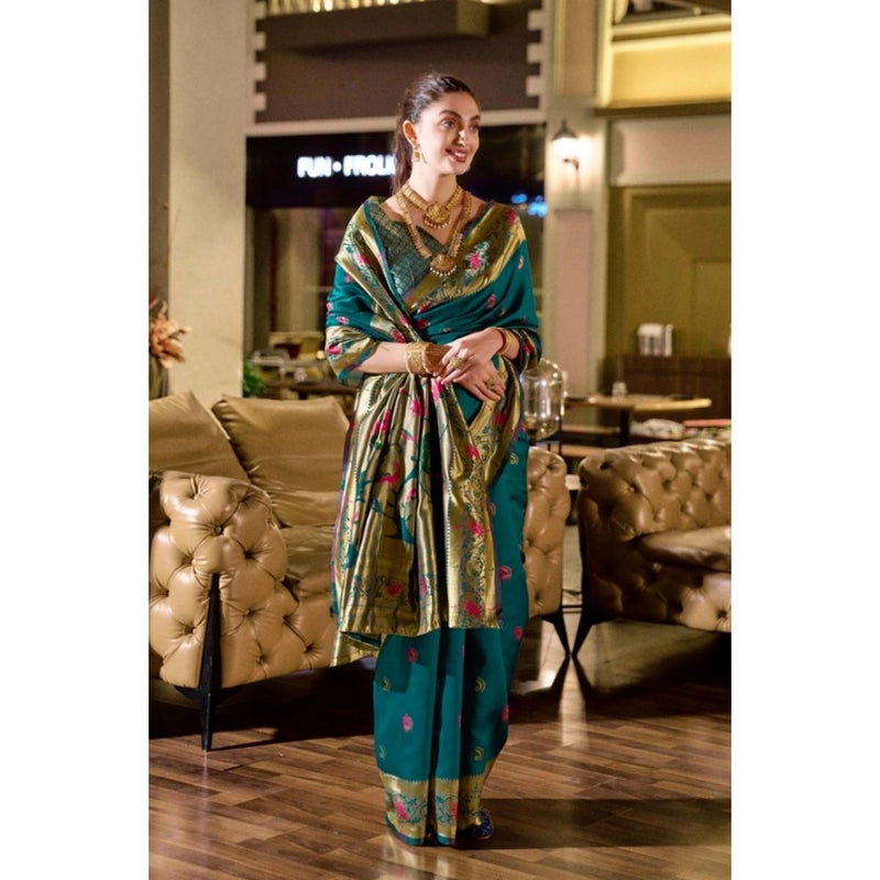 Mayawye Women's Silk Blend Zari Woven Saree With Unstitched Blouse 5.5Mtr (Teal)