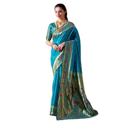 Mayawye Women's Silk Blend Zari Woven Saree With Unstitched Blouse 5.5Mtr (Turquoise)