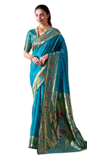 Mayawye Women's Silk Blend Zari Woven Saree With Unstitched Blouse 5.5Mtr (Turquoise)