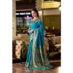Mayawye Women's Silk Blend Zari Woven Saree With Unstitched Blouse 5.5Mtr (Turquoise)