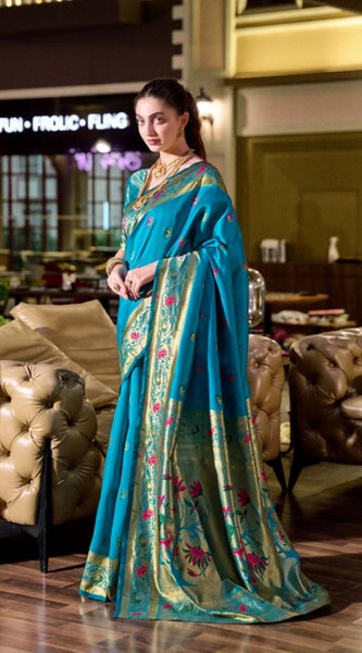 Mayawye Women's Silk Blend Zari Woven Saree With Unstitched Blouse 5.5Mtr (Turquoise)