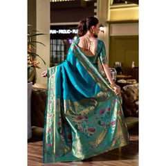 Mayawye Women's Silk Blend Zari Woven Saree With Unstitched Blouse 5.5Mtr (Turquoise)