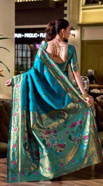 Mayawye Women's Silk Blend Zari Woven Saree With Unstitched Blouse 5.5Mtr (Turquoise)