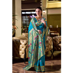 Mayawye Women's Silk Blend Zari Woven Saree With Unstitched Blouse 5.5Mtr (Turquoise)