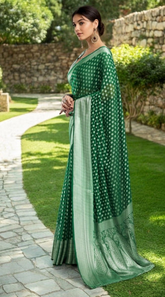 Mayawye Women's Georgette Weaving Saree With Unstitched Blouse 5.5Mtr (Green)
