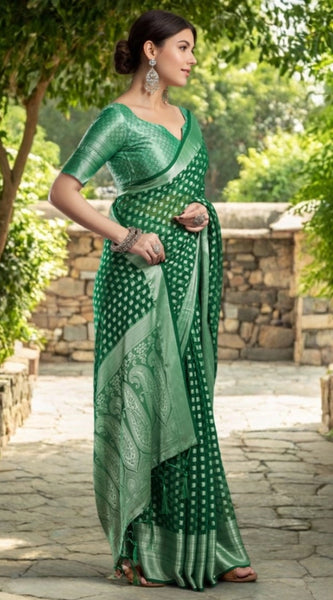 Mayawye Women's Georgette Weaving Saree With Unstitched Blouse 5.5Mtr (Green)