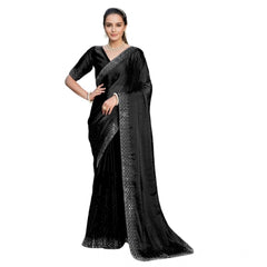 Mayawye Women's Rangoli Diamond Weaving - Stone Work Saree With Unstitched Blouse 5.5Mtr (Black)