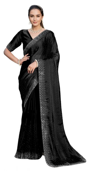 Mayawye Women's Rangoli Diamond Weaving - Stone Work Saree With Unstitched Blouse 5.5Mtr (Black)