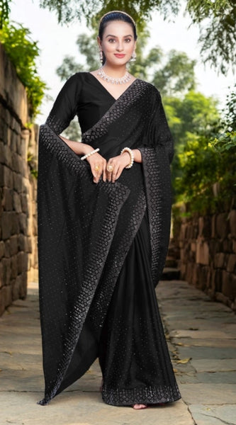 Mayawye Women's Rangoli Diamond Weaving - Stone Work Saree With Unstitched Blouse 5.5Mtr (Black)