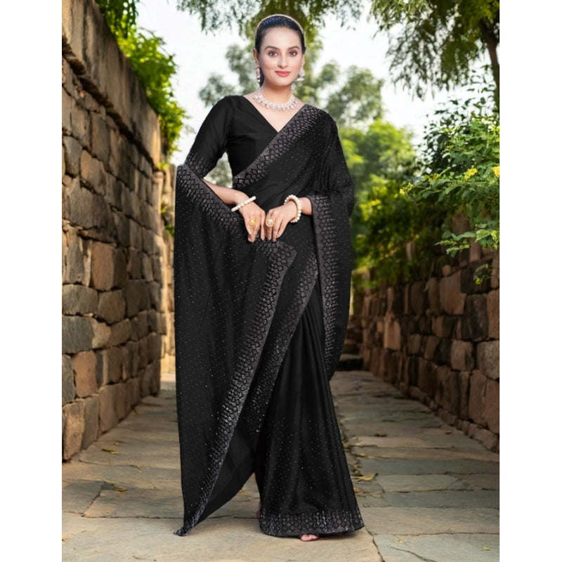 Mayawye Women's Rangoli Diamond Weaving - Stone Work Saree With Unstitched Blouse 5.5Mtr (Black)