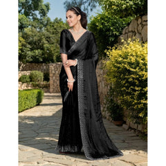 Mayawye Women's Rangoli Diamond Weaving - Stone Work Saree With Unstitched Blouse 5.5Mtr (Black)