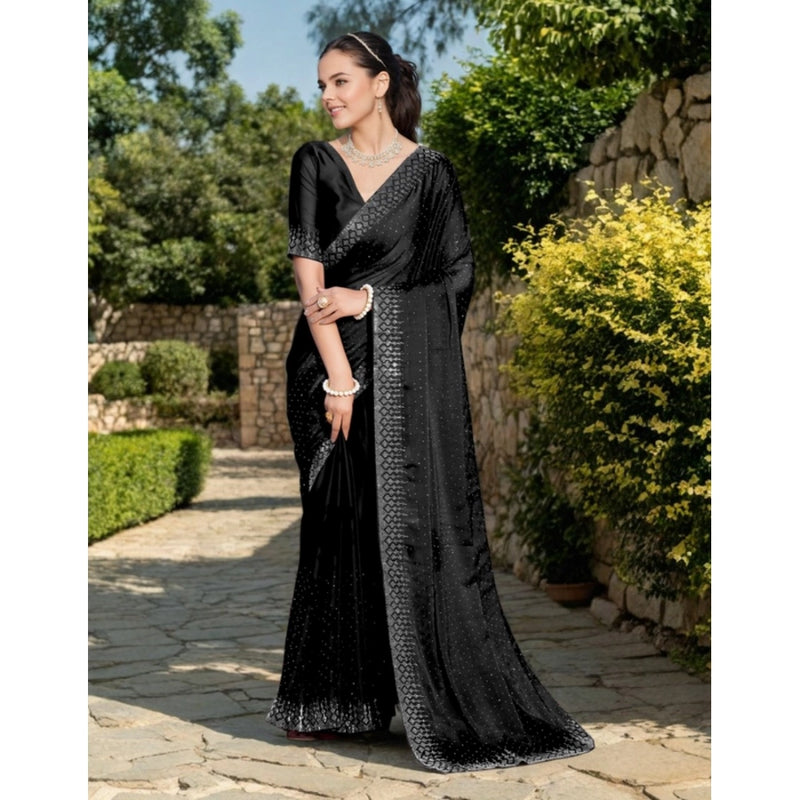 Mayawye Women's Rangoli Diamond Weaving - Stone Work Saree With Unstitched Blouse 5.5Mtr (Black)