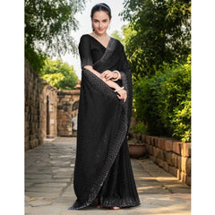 Mayawye Women's Rangoli Diamond Weaving - Stone Work Saree With Unstitched Blouse 5.5Mtr (Black)