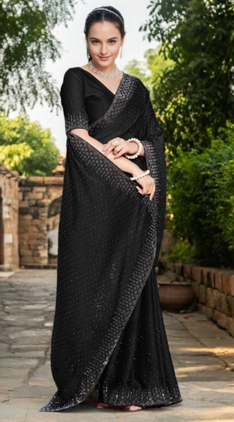 Mayawye Women's Rangoli Diamond Weaving - Stone Work Saree With Unstitched Blouse 5.5Mtr (Black)