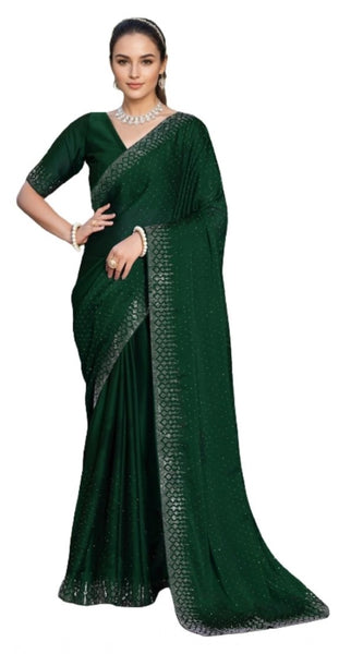 Mayawye Women's Rangoli Diamond Weaving - Stone Work Saree With Unstitched Blouse 5.5Mtr (Green)