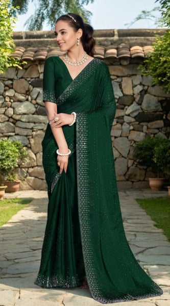 Mayawye Women's Rangoli Diamond Weaving - Stone Work Saree With Unstitched Blouse 5.5Mtr (Green)