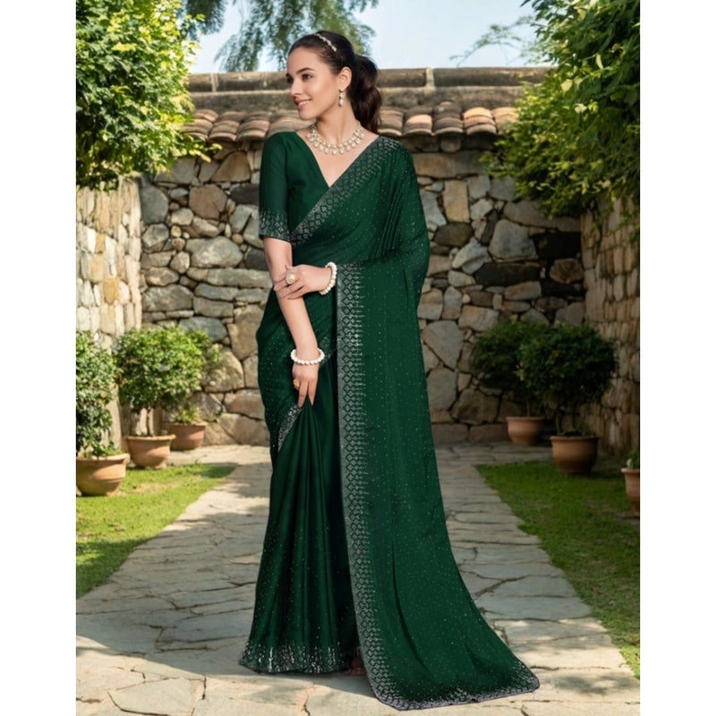 Mayawye Women's Rangoli Diamond Weaving - Stone Work Saree With Unstitched Blouse 5.5Mtr (Green)