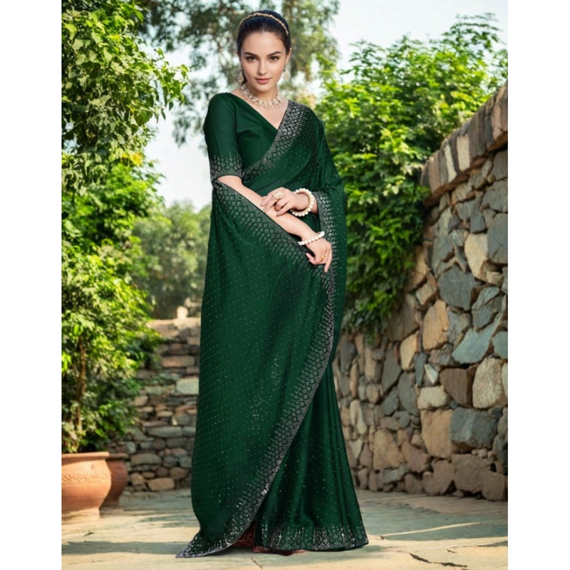 Mayawye Women's Rangoli Diamond Weaving - Stone Work Saree With Unstitched Blouse 5.5Mtr (Green)
