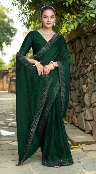 Mayawye Women's Rangoli Diamond Weaving - Stone Work Saree With Unstitched Blouse 5.5Mtr (Green)