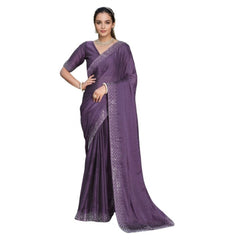 Mayawye Women's Rangoli Diamond Weaving - Stone Work Saree With Unstitched Blouse 5.5Mtr (Lavender)