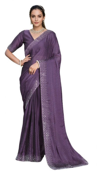 Mayawye Women's Rangoli Diamond Weaving - Stone Work Saree With Unstitched Blouse 5.5Mtr (Lavender)