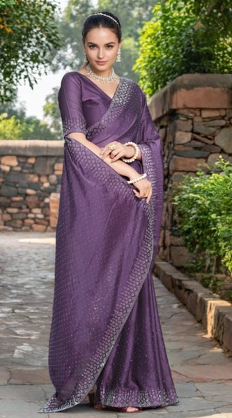 Mayawye Women's Rangoli Diamond Weaving - Stone Work Saree With Unstitched Blouse 5.5Mtr (Lavender)