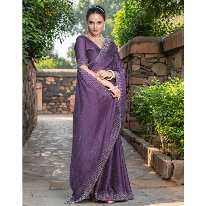 Mayawye Women's Rangoli Diamond Weaving - Stone Work Saree With Unstitched Blouse 5.5Mtr (Lavender)