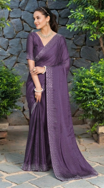 Mayawye Women's Rangoli Diamond Weaving - Stone Work Saree With Unstitched Blouse 5.5Mtr (Lavender)