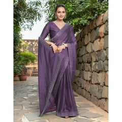 Mayawye Women's Rangoli Diamond Weaving - Stone Work Saree With Unstitched Blouse 5.5Mtr (Lavender)