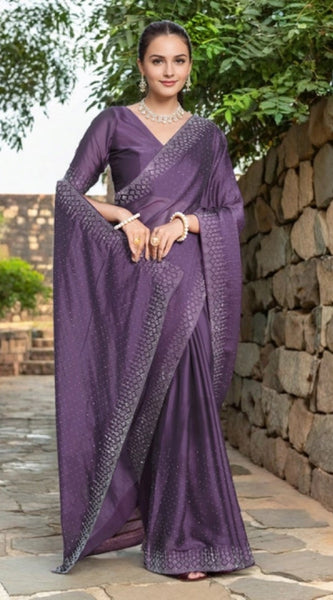 Mayawye Women's Rangoli Diamond Weaving - Stone Work Saree With Unstitched Blouse 5.5Mtr (Lavender)