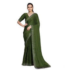 Mayawye Women's Rangoli Diamond Weaving - Stone Work Saree With Unstitched Blouse 5.5Mtr (Mahendi)