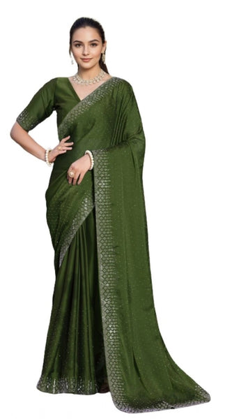 Mayawye Women's Rangoli Diamond Weaving - Stone Work Saree With Unstitched Blouse 5.5Mtr (Mahendi)