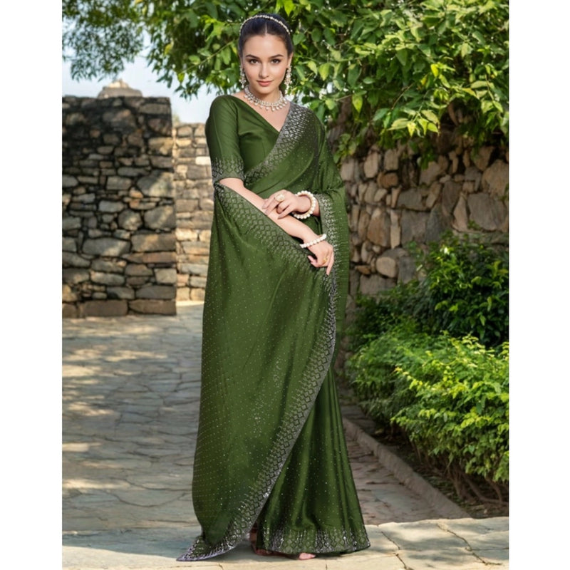Mayawye Women's Rangoli Diamond Weaving - Stone Work Saree With Unstitched Blouse 5.5Mtr (Mahendi)